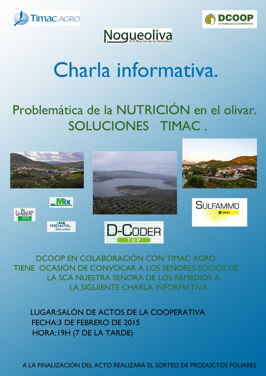 SCA Los Remedios (@scalosremedios) on Twitter photo El 3 de febrero, charla de <a href="/TimacAgro/">TimacAgro</a> y <a href="/DcoopSCA/">Dcoop SCoop</a> sobre #Nutricion en #Olivar. No te lo pierdas. El 3 de febrero, charla de <a href="/TimacAgro/">TimacAgro</a> y <a href="/DcoopSCA/">Dcoop SCoop</a> sobre #Nutricion en #Olivar. No te lo pierdas.