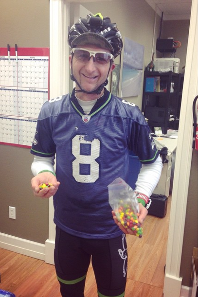Our Cycling Buyer, Doug, all geared up for #SuperBlueFriday! #GoHawks #Skittles <a href="/cyclocrossracin/">Pit Crew</a>