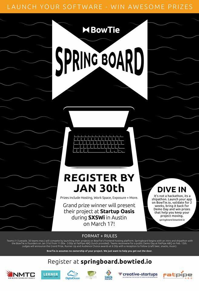 FatPipeNM's tweet photo. Come join us tomorrow for @bowtie_io's Springboard Shipathon! Registration closes at 6pm! 

https://t.co/v8sNkZdGiA http://t.co/zmkh9A6koG