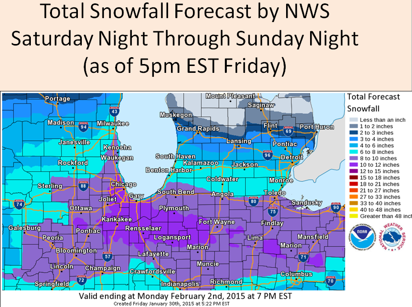 Here is the latest NWS forecasts of total snowfall from Saturday night