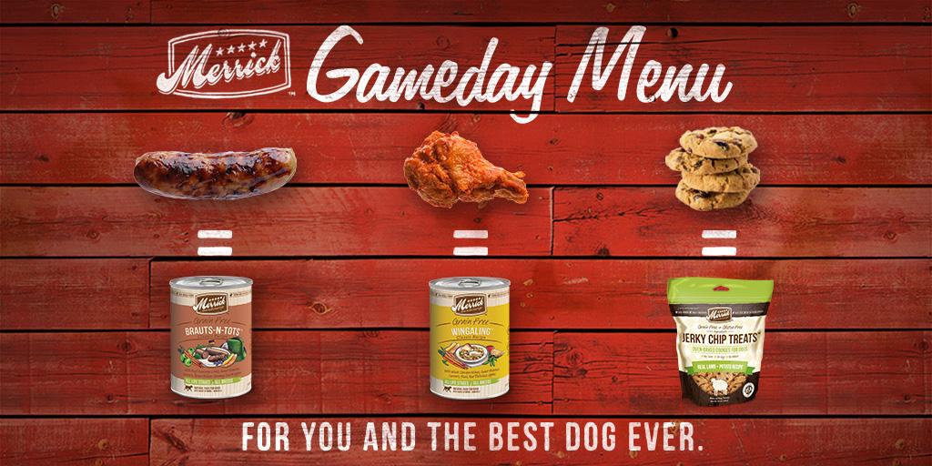 MerrickPetCare's tweet photo. Your gameday menu: Brats, wings &amp; snacks. The Best Dog Ever's menu? A super bowlful of our nutritious food &amp; treats. http://t.co/jaa9uzHAut
