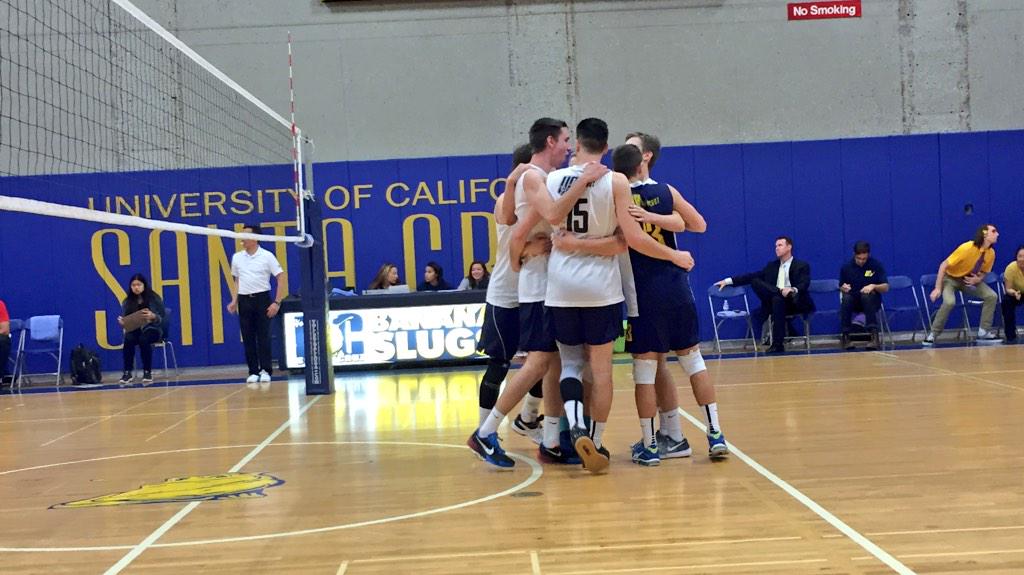 UCSCAthletics's tweet image. Another one bites the dust! @UCSCMensVolley beat Santa Barbara CC in three straight w/final game 26-24