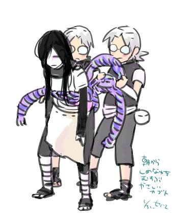 大蛇丸さまのあのしめなわ　朝起きて結ぶの一人じゃ無理だからカブトが影分身して二人がかりで結ぶのかな
いや、大蛇丸さまが自分で影分身すればいい話なんだけど寝起き悪そうだよね　という落書き