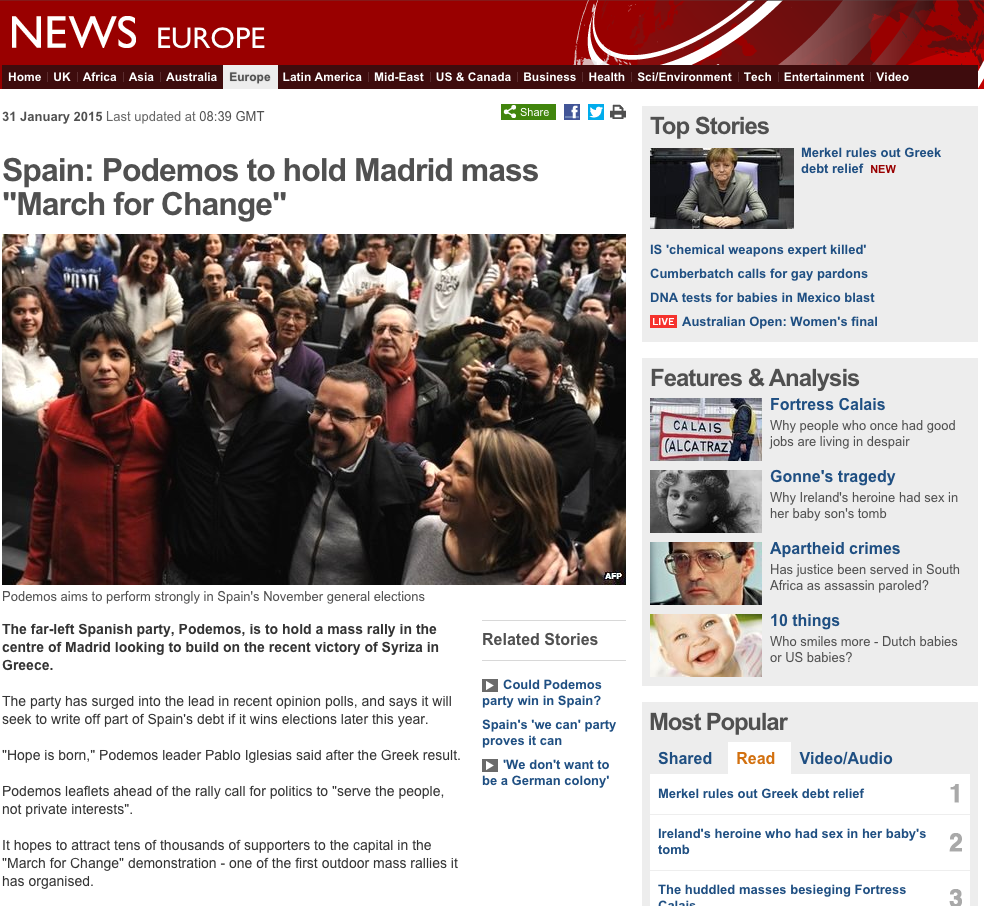 ElHuffPost's tweet photo. La BBC recoge ya la marcha de Podemos. En el Canal 24 horas de TVE, nada de momento http://t.co/POeKkeLXmR http://t.co/yjoKZ1MZZB