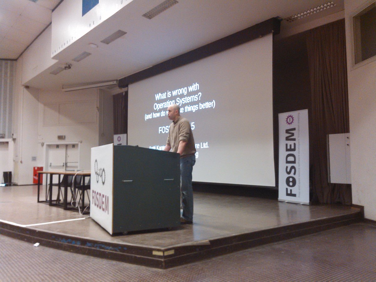 cybette's tweet image. Keynote speaker from Finland, Antti Kantee, on what&apos;s wrong w/ OSes &amp;amp; how to make things better #FOSDEM15