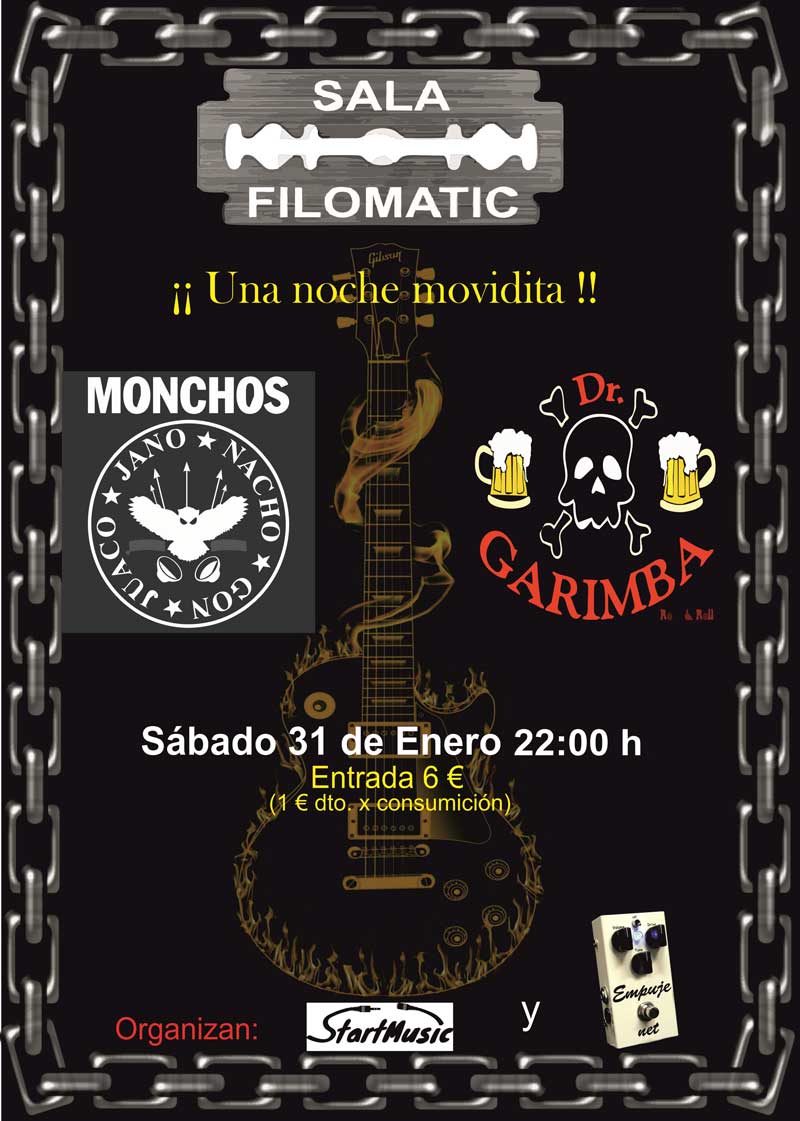 VivirNaCoruna's tweet image. "Noche movidita" en la sala #Filomatic: concierto de las bandas MONCHOS y DR. GARIMBA. A las 22.00h. Entrada 6€.