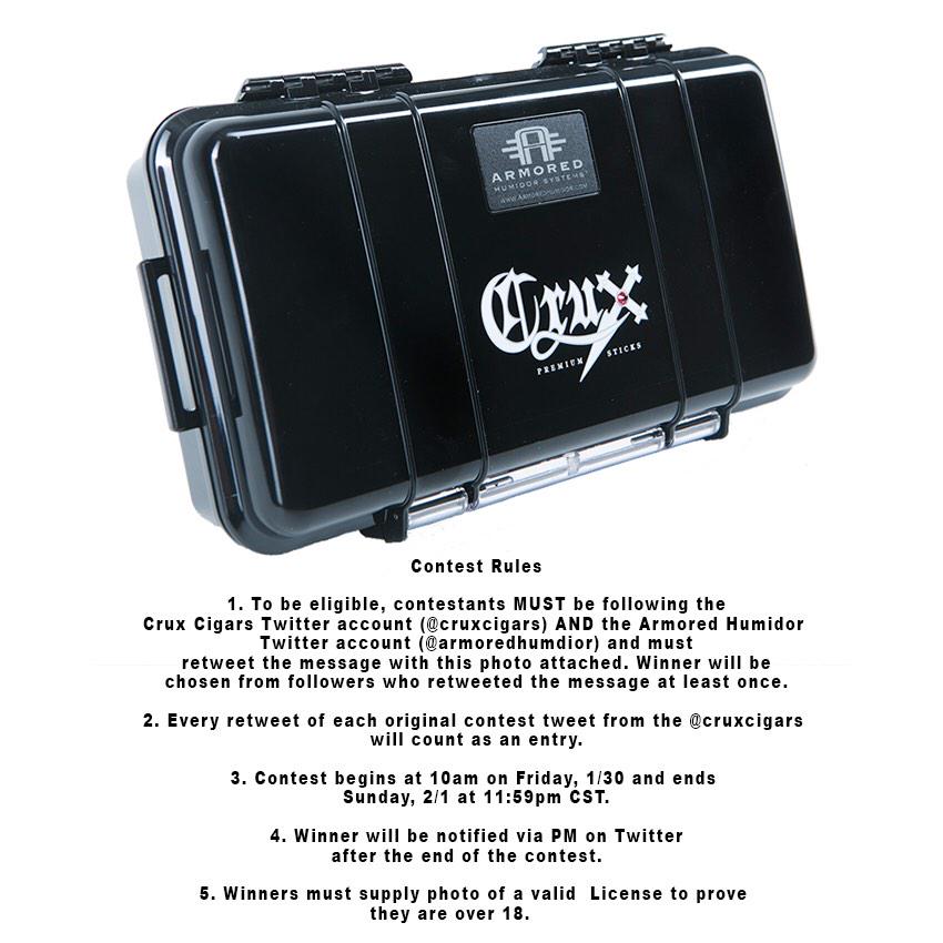 CruxCigars's tweet photo. .#FreeCruxWeekend is on!Follow @CruxCigars + @ArmoredHumidor &amp; retweet this message to win a custom humidor w/cigars! http://t.co/EZeP0lK0uv