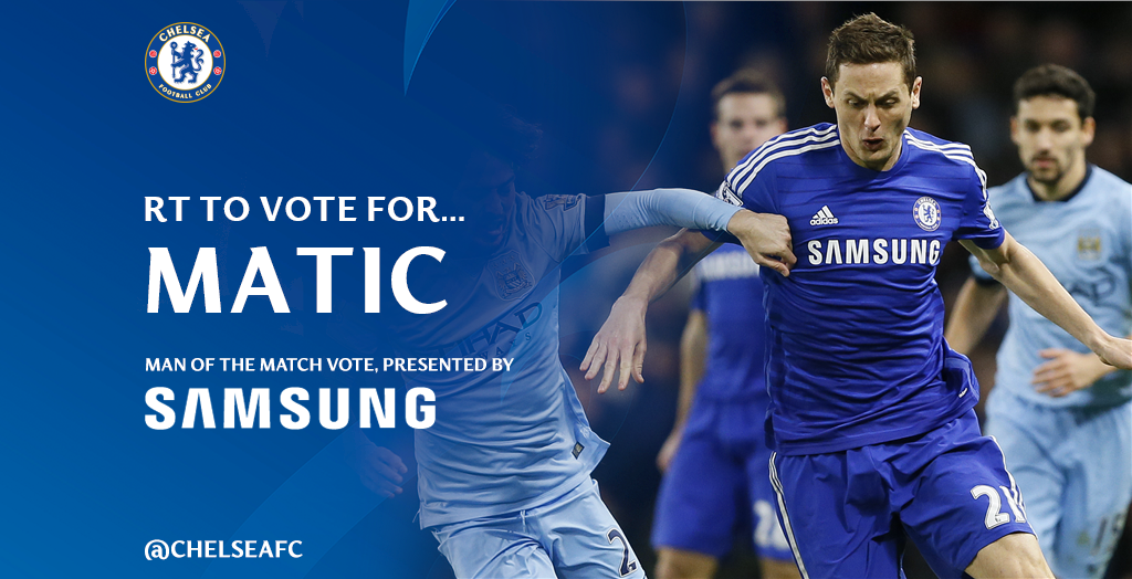 ChelseaFC's tweet photo. RT to vote for Nemanja Matic as your #CFCvMCFC man of the match... http://t.co/mPDO2zyjAB
