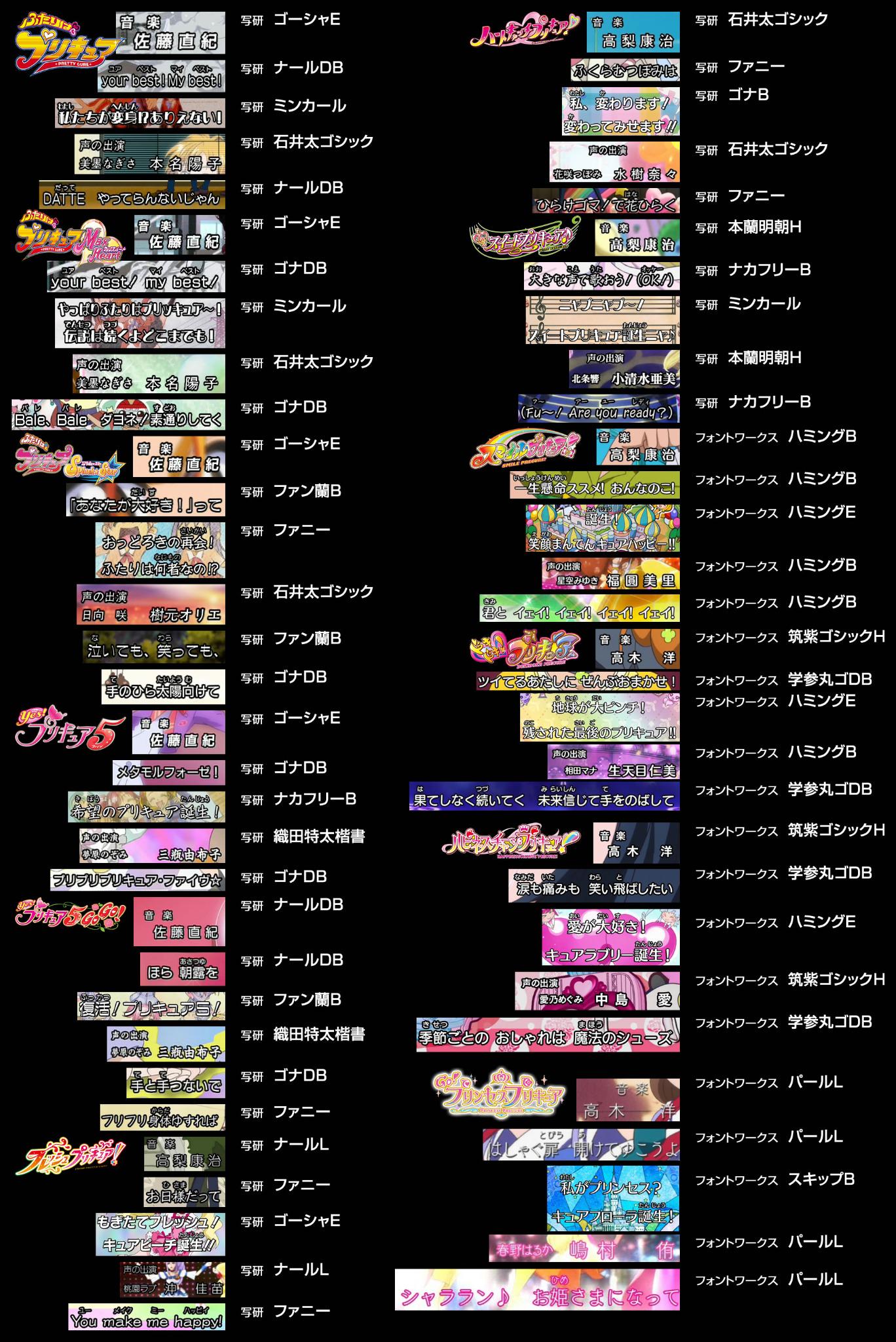 Twitter 上的 藤田重信 フォントワークスに変わってからの書体は全て私が担当した書体でびっくり Shota Go プリンセスプリキュア Op Ed サブタイトルで使用されたフォント歴代一覧 話題のおしゃれなフォントは パールl Precure Http T Co 10oztlpz8j