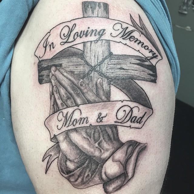 Dad Script, Cross, and Wings Tattoo by Skyler Del Drago: TattooNOW