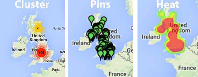 mapalist's tweet photo. New map type: Cluster; 3 ways to view abundant pins. https://t.co/4jxTeL1QLW s/o #MarkerClusterer http://t.co/H2yzU68EqT