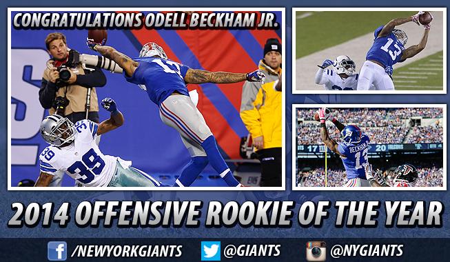 Giants's tweet image. Congrats to Odell Beckham Jr. @OBJ_3 for being the first #Giant to win the AP Offensive Rookie of the Year Award!