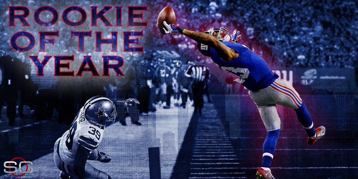 SportsCenter's tweet photo. Odell Beckham, Jr. is the Offensive Rookie of the Year with 91 catches (including THAT one), 1,305 yards and 12 TD. http://t.co/evFB1wh9pb