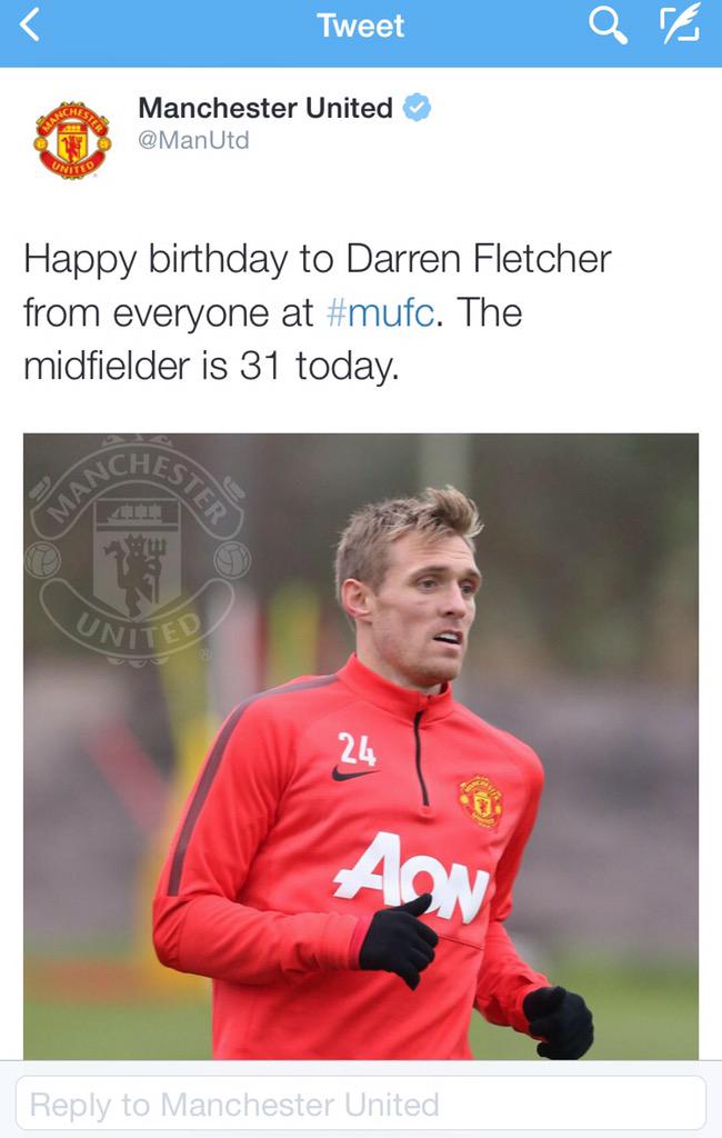 Lol \" Manchester United wish Darren Fletcher a happy birthday, fans\ replies are full of birthday cheer. 