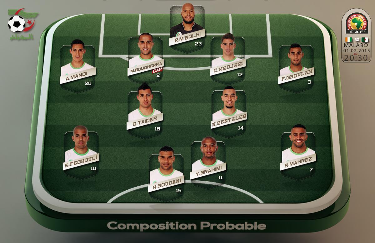 DZfoot's tweet photo. #CAN2015 la compo probable de l'#Algérie face à la Côte d'Ivoire #ALGCIV  #CIVALG http://t.co/2sx0U0wTdH