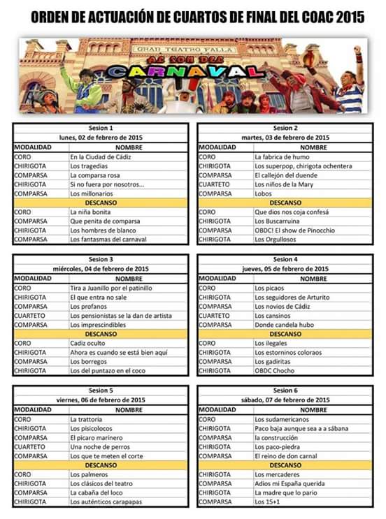 Orden de actuaciones de los cuartos de final del #COAC2015