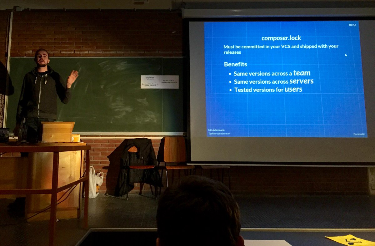 jmikola's tweet image. A very succinct explanation from @naderman on why composer.lock belongs in VCS for libs and apps alike. #phpfosdem