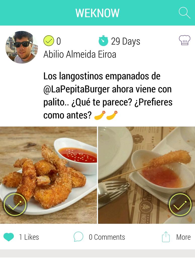 weknower's tweet photo. Los langostinos de @LaPepitaBurger ahora viene con palito ¿Qt parece? ¿Prefieres como antes? 🍤 http://t.co/pHguguN0Id http://t.co/qQ4y6Aw7nm
