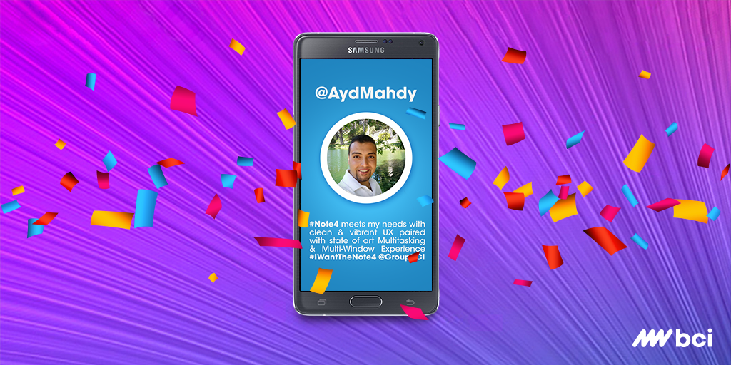 BCIMobile's tweet photo. Congratulations to @AydMahdy for winning the Note 4 in our #IWantTheNote4 contest. http://t.co/7IIGdmaAgP