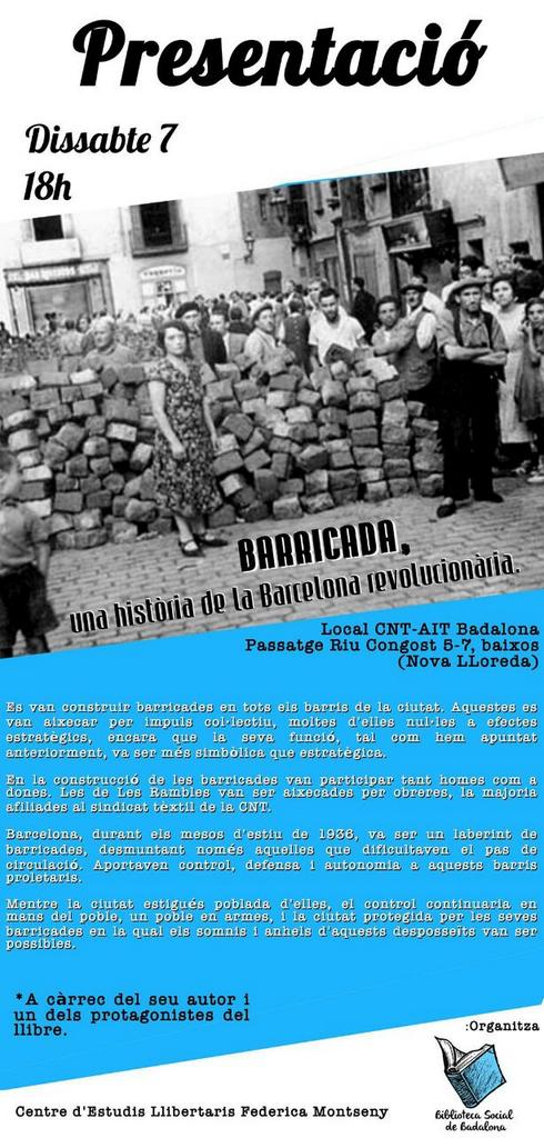 Aquesta propera setmana:4F Concentració 20h Pl.Vila i 7F Presentació llibre"Barricada,..."18h #Badalona