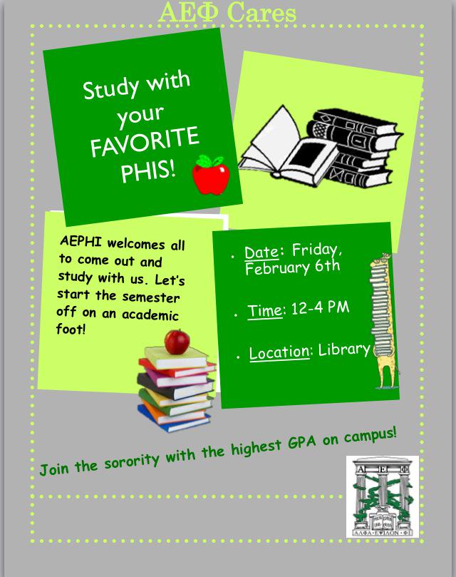 AEPhi_fdu's tweet photo. We welcome all to come out to study with you favorite Phis and start the semester off right! 💚  #AEΦCares #aephi http://t.co/JYV9ME1eHT