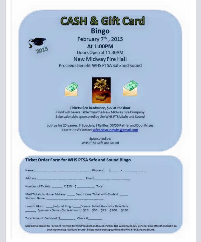 JJ_Cassels's tweet photo. Please support the WHS Safe and Sound Committee by attending their CASH/GIFT CARD BINGO on FEBRUARY 7TH AT 1PM. http://t.co/9uZYAZa1O4