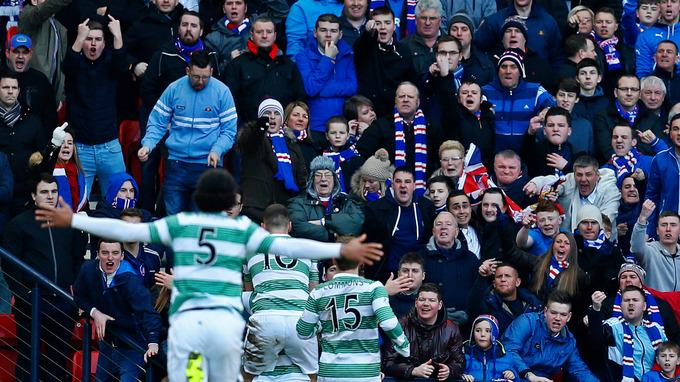 itvfootball's tweet photo. Craig Gordon given the day off as Celtic players celebrate in front of Rangers fans http://t.co/58gm0hfe7J http://t.co/RtyKfFqqrF