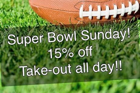 #SuperBowl #onlinecoupon Mention the word SUPERBOWL today and receive 15% Take Out Orders