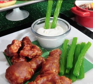 darrenrovell's tweet photo. Super Bowl Dessert: Buffalo Wings made out of Rice Krispies, Green Licorice celery &amp; Marshmallow Bleu Cheese http://t.co/mBGQC42nEi