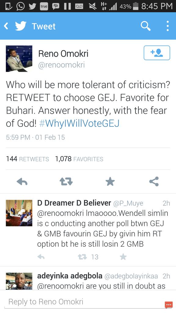 DOlusegun's tweet photo. Update on Reno Polls.  8:45pm, 1st of FeBuhari 2015 http://t.co/nBMYC38zql
