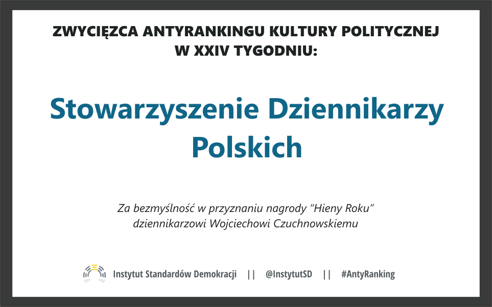 InstytutSD's tweet photo. "Nagroda" za "nagrodę". Zwycięzcą #AntyRanking w 24. tygodniu jest Stowarzyszenie Dziennikarzy Polskich. #Hiena http://t.co/alh1VGUuij