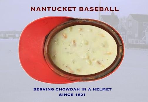 ACKBaseball's tweet image. Sconset Angler CF Lee Guzofski hit town to serve fans Chowdah in a Helmet - a Nantucket Baseball tradition since 1821