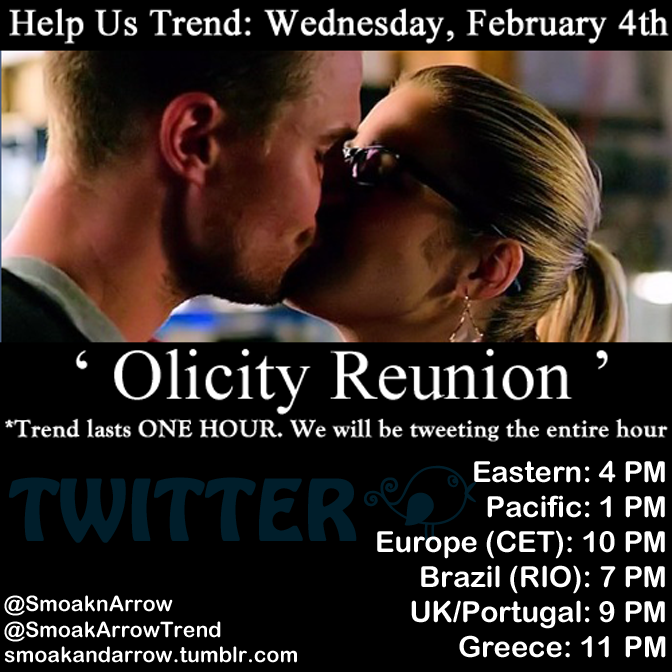 OTeamArrow's tweet photo. #Olicity fans, come join us, Wednesday, February 4th as we trend: Olicity Reunion http://t.co/lMZhYi3LNJ via @SmoaknArrow