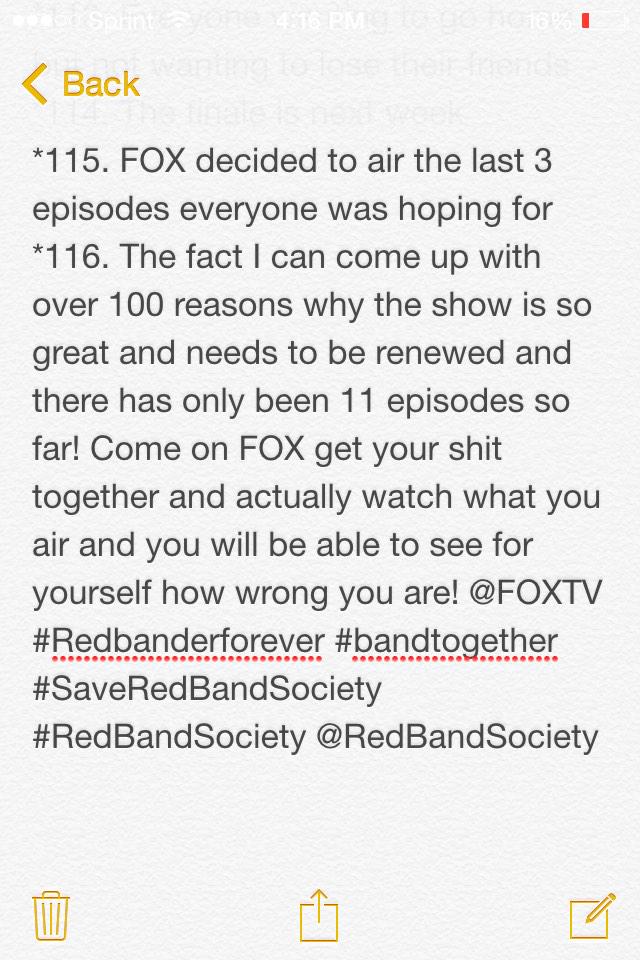 MelissaMAG21's tweet photo. @FOXTV @RedBandSociety #SaveRedBandSociety #RedBandSociety #RedBanderForever #Bandtogether #RedBander 🙏🙏🙏🙏🙏🙏🙏🙏🙏🙏🙏 http://t.co/MGV9jXj281