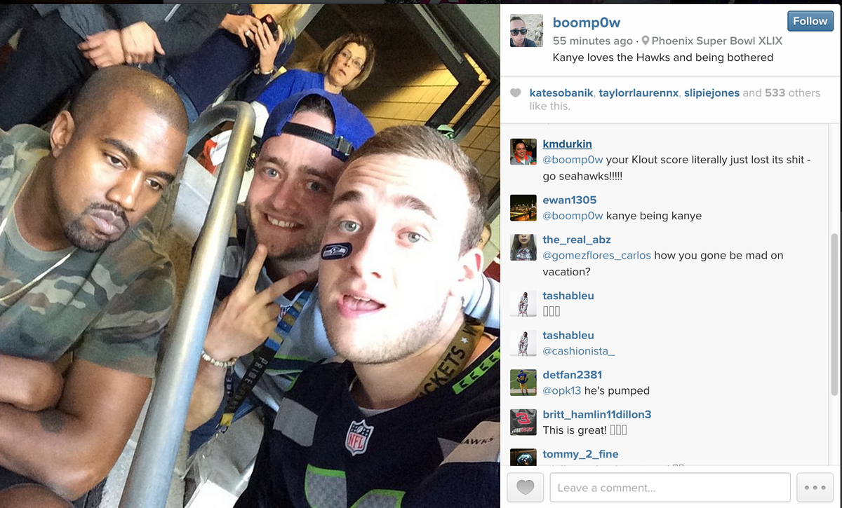 ESPNNFL's tweet photo. Kanye West is having a load of fun at the Super Bowl (via boomp0w / IG) http://t.co/O6dJSnecW4