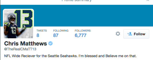 Rachel__Nichols's tweet photo. Chris Matthews' Twitter page. I have a feeling some of those numbers are going to look different tomorrow. #SuperBowl http://t.co/GZCi9fjoKs