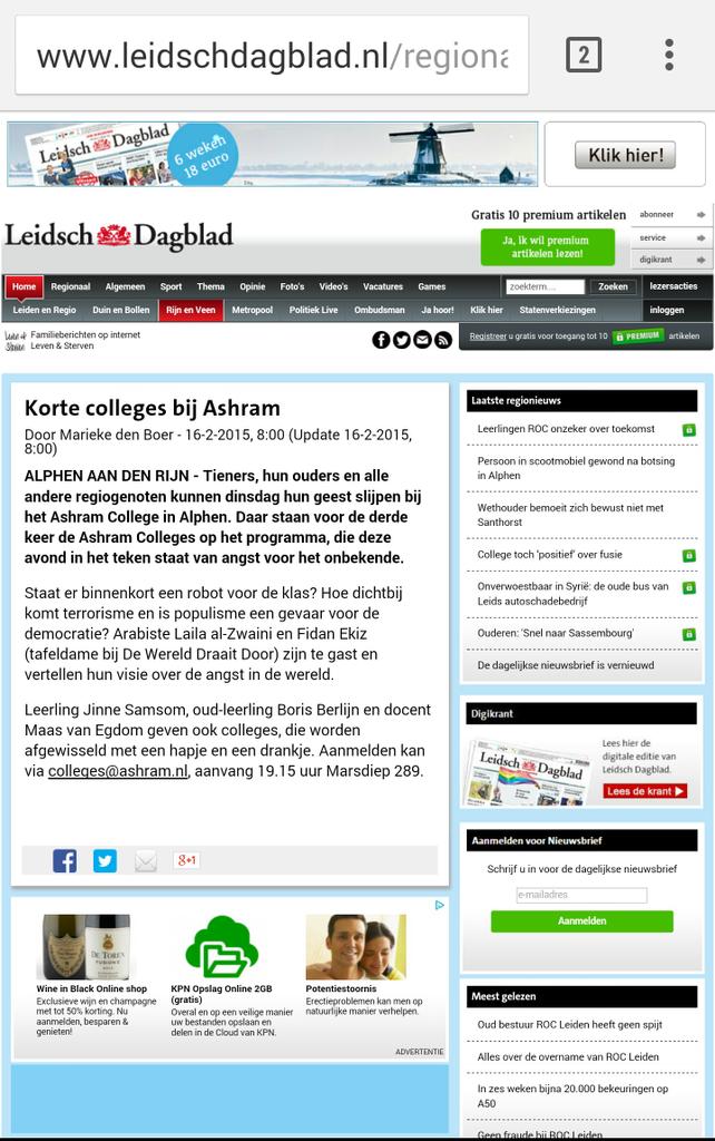 AshramColleges's tweet photo. Zelfs het Leidsch Dagblad is op de hoogte. Aanmelden kan nog steeds: colleges@ashram.nl http://t.co/AZvoLNJhU2