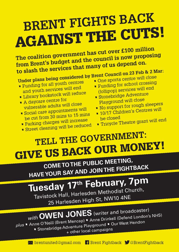 BrentFightback's tweet photo. Tomorrow! #Brent Fights Back Against The Cuts. Rally with @OwenJones84 &amp; local campaigners in Harlesden http://t.co/7j5SGSIO1U