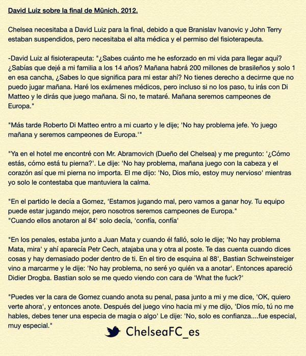 mferreiras_11's tweet photo. @DoctorePoLLo IMPRESIONANTE anécdota de David Luiz y la final de Champions de 2012. Vía @ChelseaFC_es QUE GRANDE!!! http://t.co/hBLxoFqXXS
