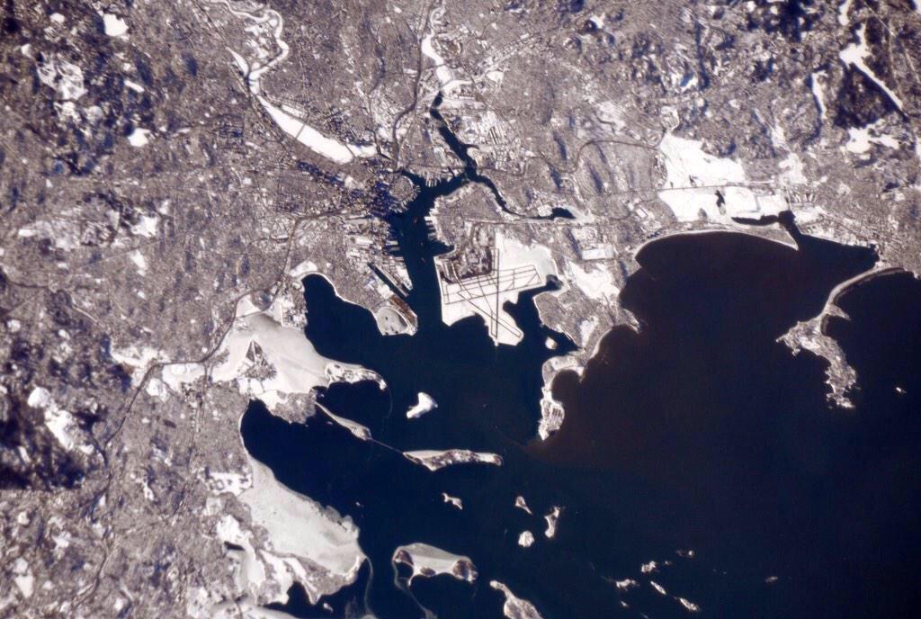 BostonTweet's tweet photo. A pic of Boston taken this morning from space by NASA Astronaut @AstroTerry proving that we have a sh*tload of snow. http://t.co/SiEDRv813C
