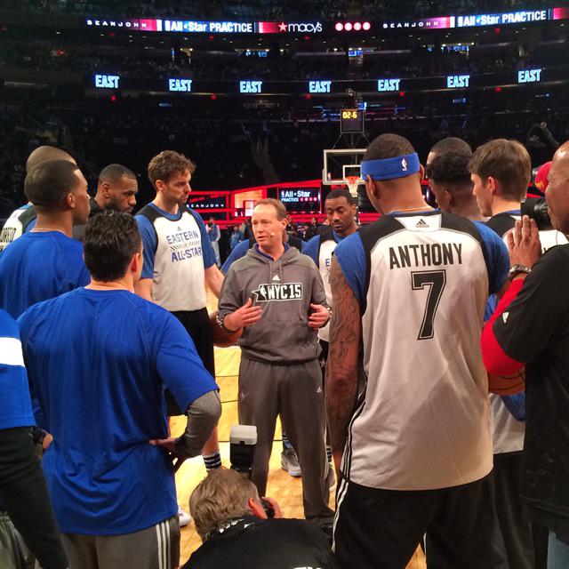 NBAAllStar's tweet photo. Coach Bud of the @ATLHawks instructs #TeamEAST at #SJMacysPractice! http://t.co/DlQWTCTQaN