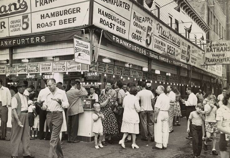 Nathan's Famous Hot Dogs is a Popular Place on Coney Island, 1957 | #NYC #NY