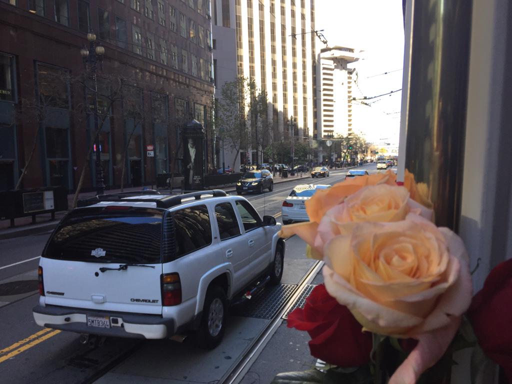 BloomThat's tweet photo. The #BloomTrain is pulling into One Market and the @SFFerryBuilding…who wants some VDay blooms?!?! #catchusifyoucan http://t.co/y4ZvImhO6J