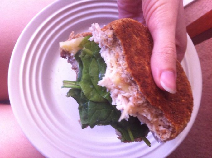 #yum Roger makes the best sandwiches. Ezekiel muffin,  dubliner cheese, spinach, applgate chicken &amp; my<a href="/tag/yum"class="tags">#yum</a>