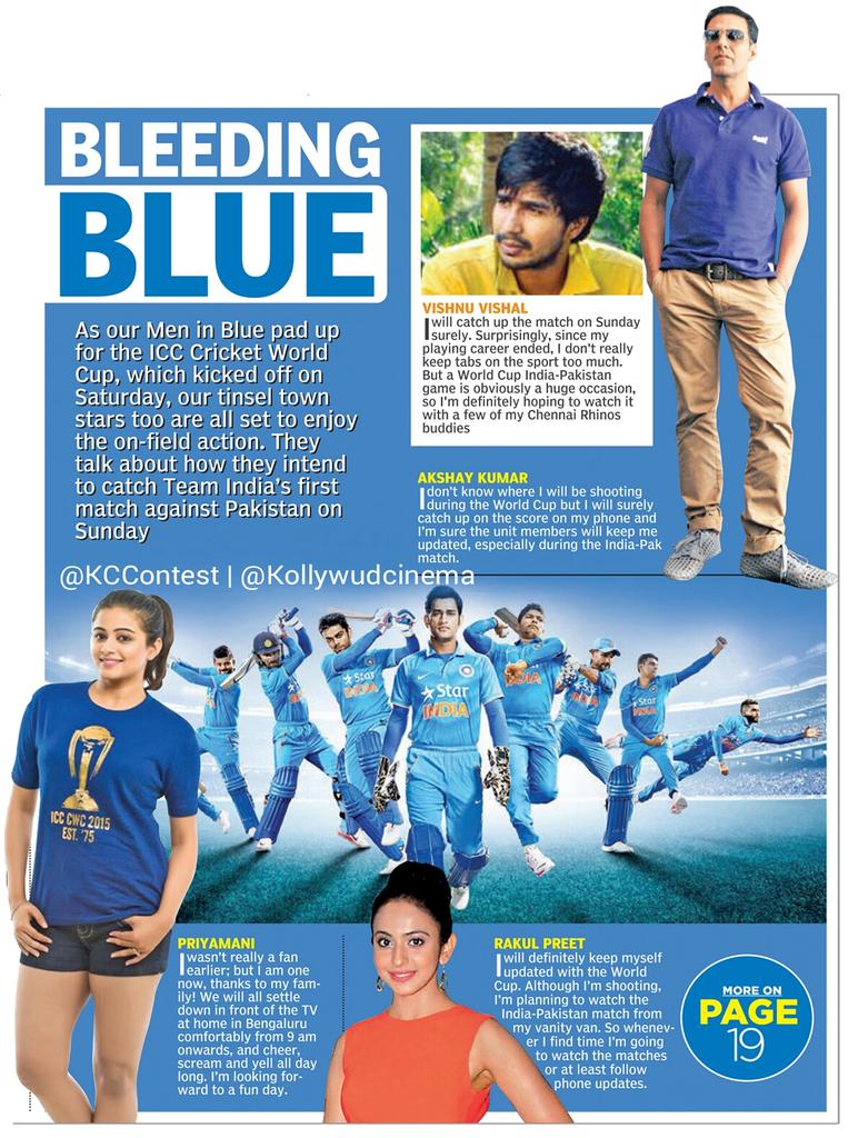 Bleeding Blue. All the best Team India. Star wishes <a href="/actor_viishnu/">Rosamaria Roethler</a> <a href="/akshaykumar/">Akshay Kumar</a> <a href="/priyamani6/">Priyamani</a> <a href="/Rakulpreet/">Rakul Singh</a> <a href="/AshokSelvan/">Ashok Selvan</a>
