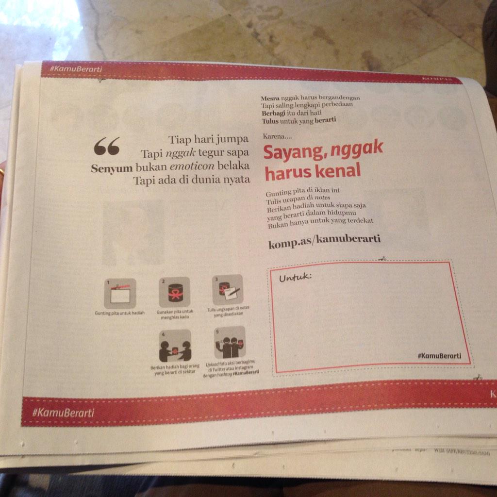 Di koran <a href="/hariankompas/">Harian Kompas</a> hari ini. Kamu bisa gunting pita dan notes. Rayakan valentine dengan berbagi :) #KamuBerarti