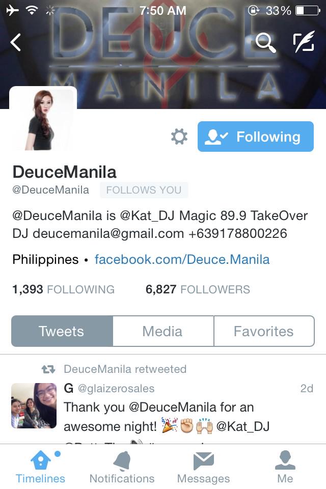 TeamDeuceManila's tweet photo. Deuce Manila is @Kat_DJ. With or without @PattyTiu, we will always support and love them. #getdeuced http://t.co/z9sUpeiEvV