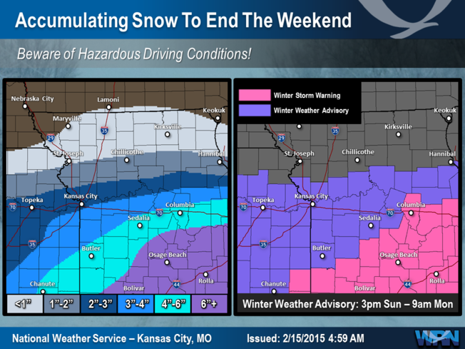 NWSKansasCity's tweet photo. Major changes to the forecast for #snow on Sun & #WashingtonsBDay. Visit http://t.co/QpjA2QipB0 for the latest info. http://t.co/88PI5adl7o