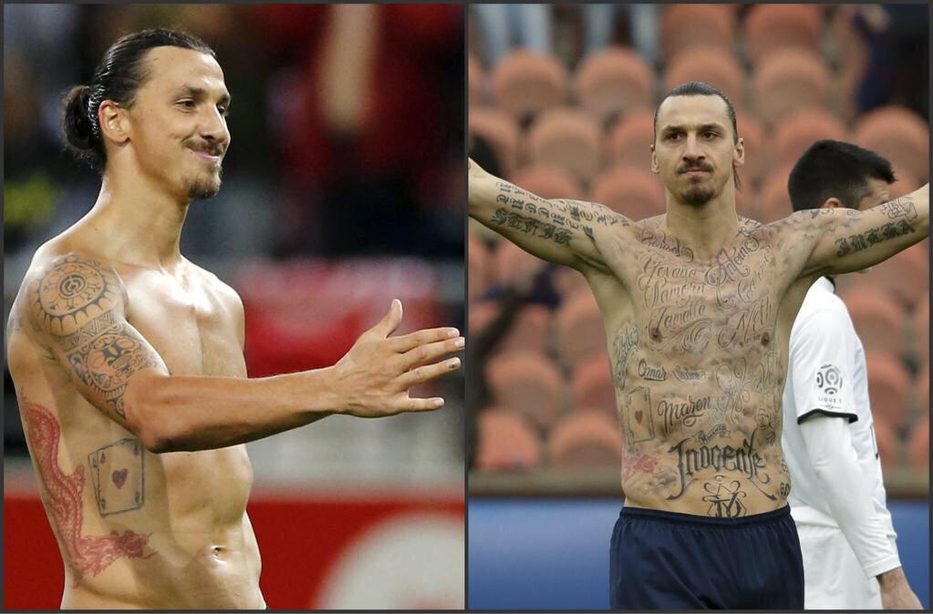 Footballogue's tweet photo. [#L1] Zlatan a révélé que ses tatouages temporaires exhibés hier sont des prénoms d'enfants qui meurent de faim http://t.co/hr9mR7w0O3