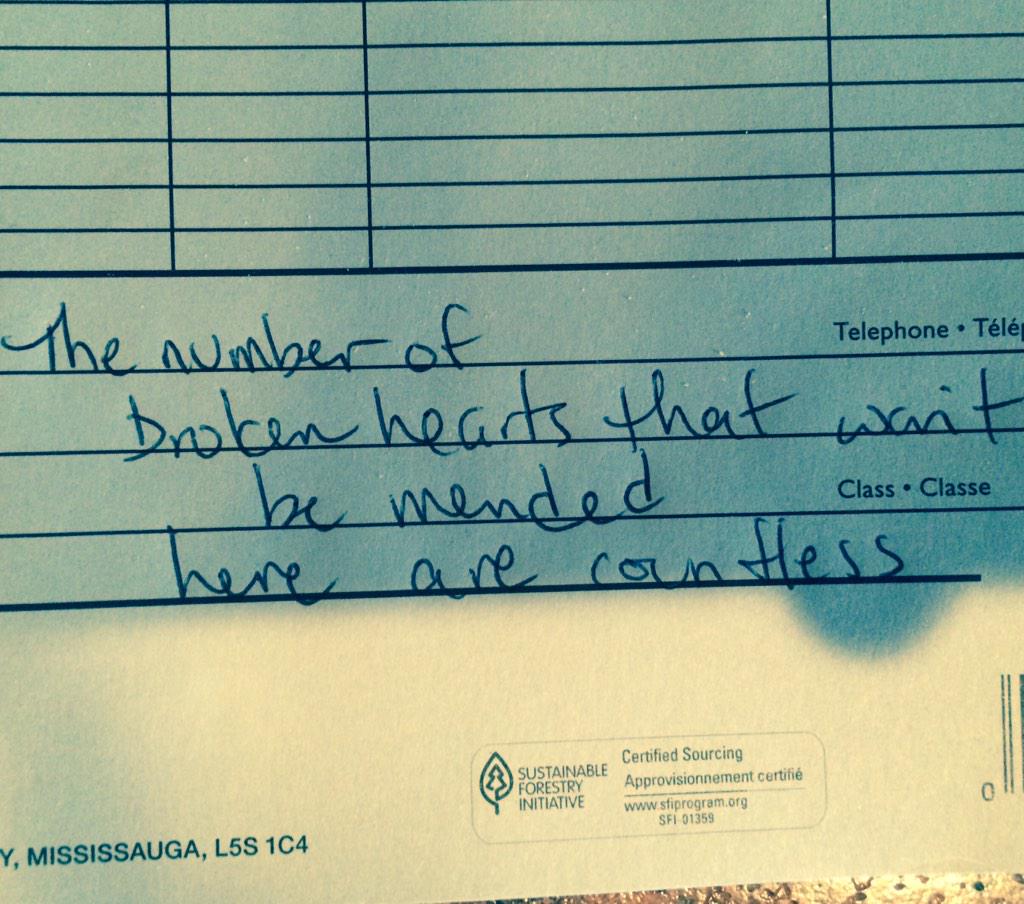 The number
Of broken hearts
That won't be mended here
Are countless

#justwrite